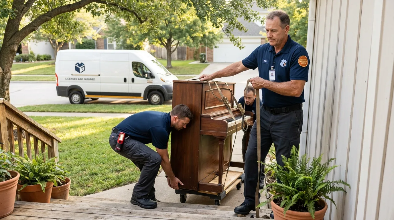 Licensed piano movers securing grand piano in Ledyard, CT
