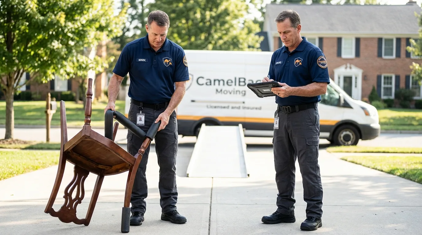 Movers inspecting furniture for damage prevention before loading in Ledyard, CT