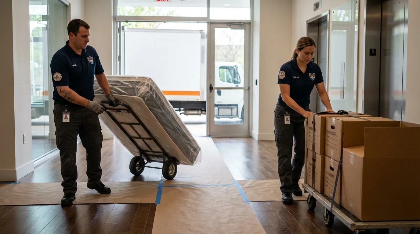 Professional apartment movers loading elevator in Ledyard, CT