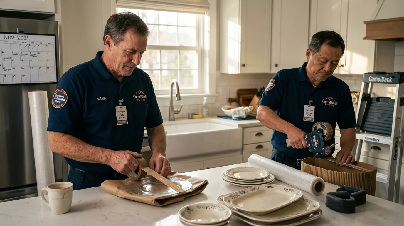 Professional crew packing kitchen dishware in Ledyard, CT